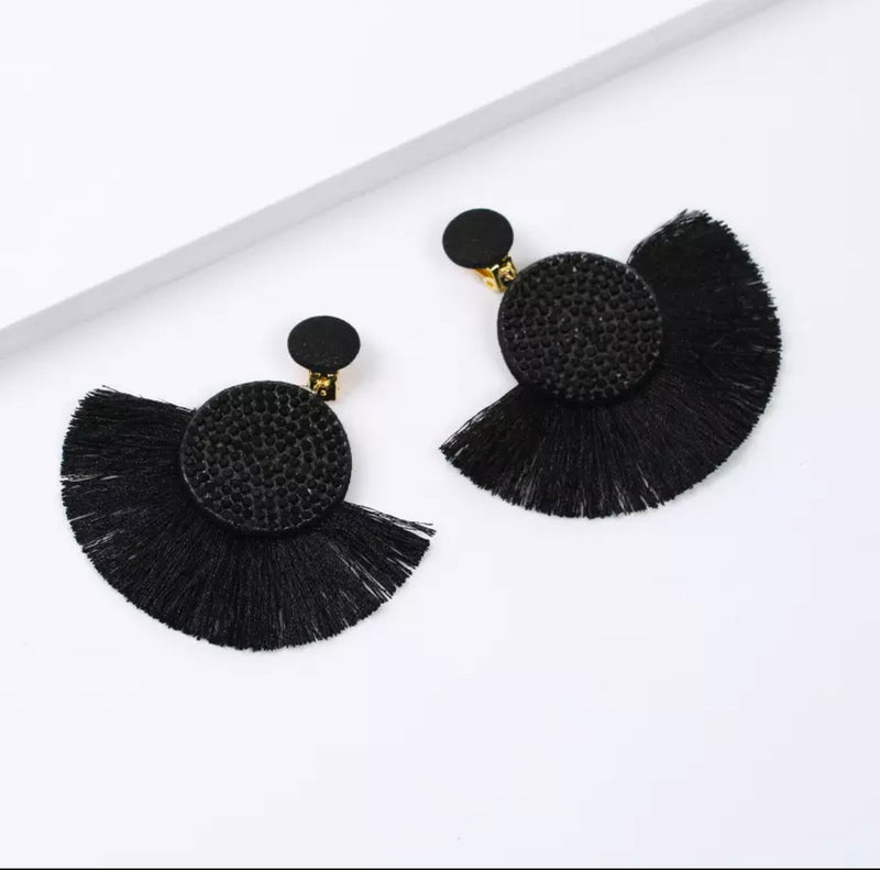 Bohemian clip on 3" gold and black thread dangle fan style earrings