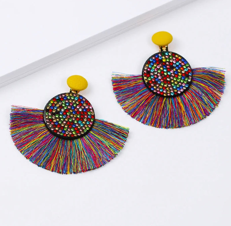 Clip on 3" gold multi colored dangle stone and thread fan style earrings
