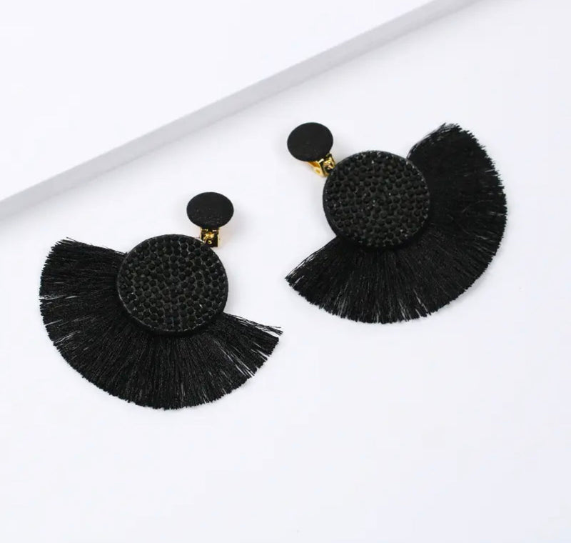 Bohemian clip on 3" gold and black thread dangle fan style earrings