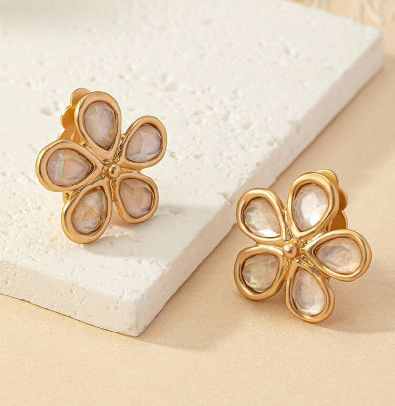 Clip on 1" matte gold and nacre stone flower button style earrings