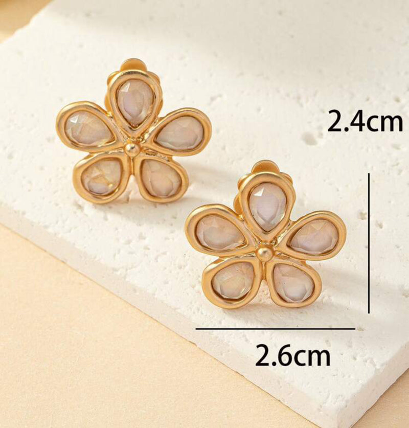 Clip on 1" matte gold and nacre stone flower button style earrings