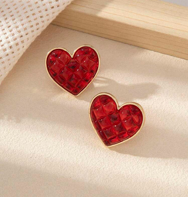 Clip on 1" gold and red bumpy heart button earrings
