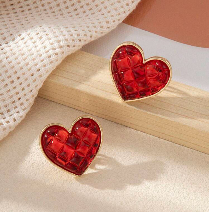Clip on 1" gold and red bumpy heart button earrings