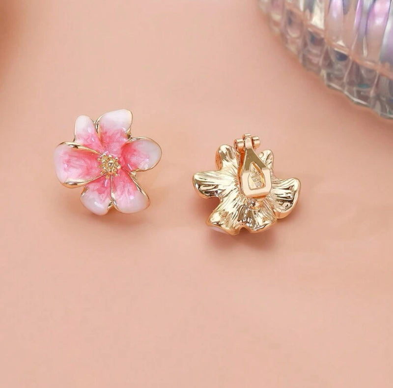 Clip on 1" gold, pink and white flower button style earrings