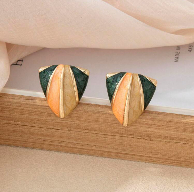 Clip on 1" small gold, green, orange, beige pointed triangle earrings