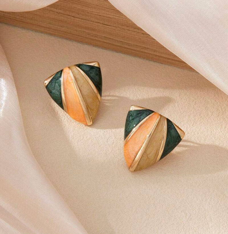 Clip on 1" small gold, green, orange, beige pointed triangle earrings