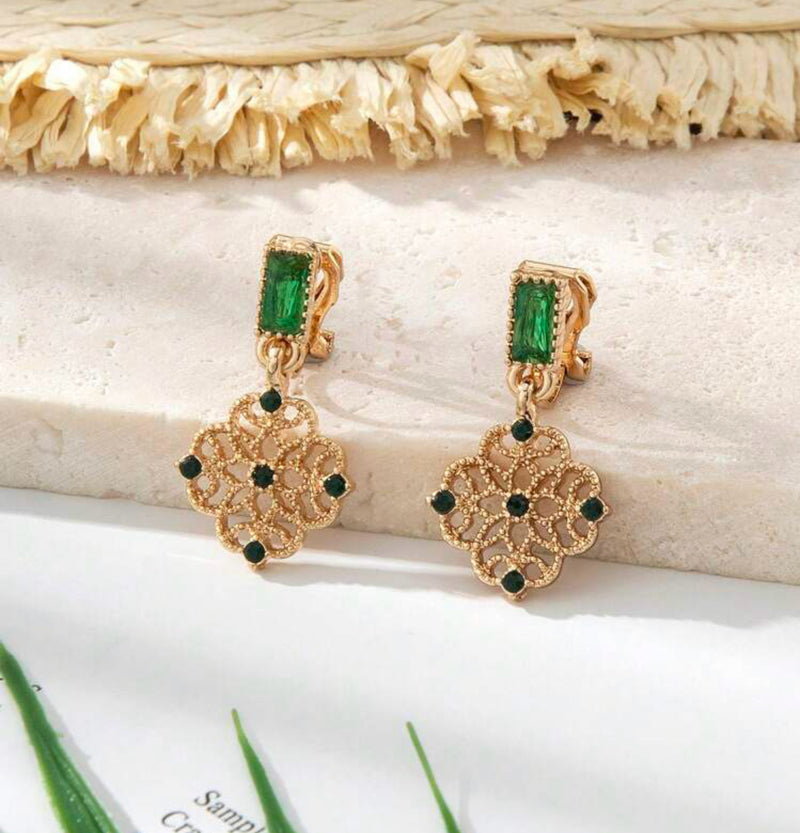 Clip on 1" small gold and green stone dangle cutout earrings