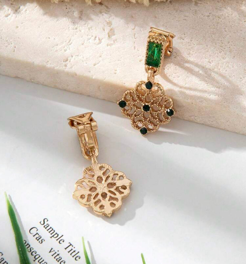 Clip on 1" small gold and green stone dangle cutout earrings