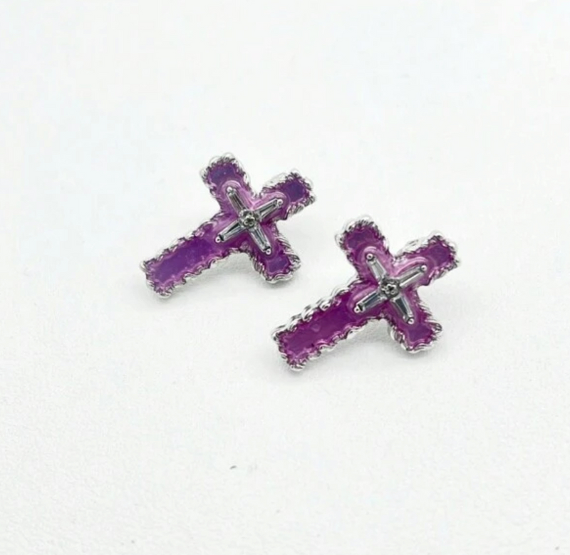 Clip on 1 1/4" silver and purple stone button style cross earrings