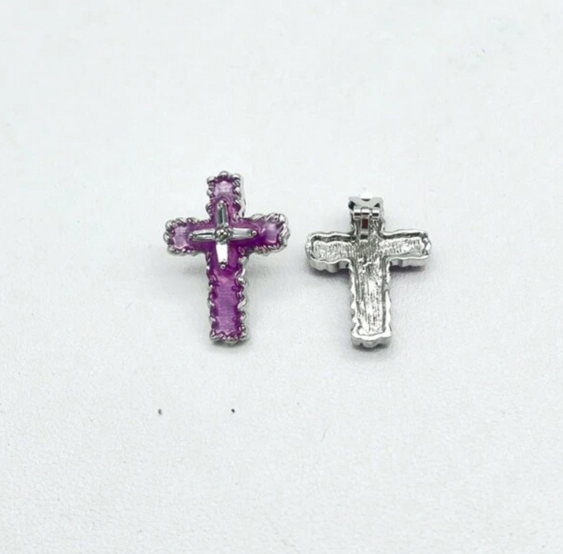 Clip on 1 1/4" silver and purple stone button style cross earrings