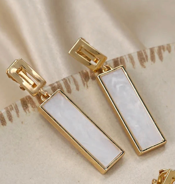 Clip on 2" gold and white stone long dangle earrings