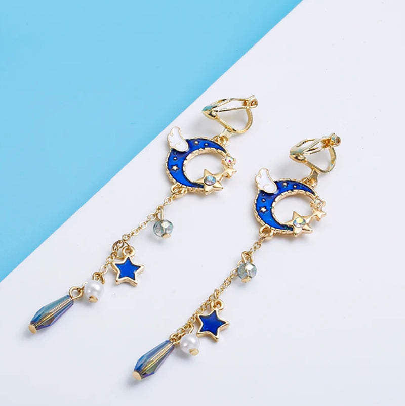 Clip on 3" gold and blue bead half moon dangle earrings w/pearl