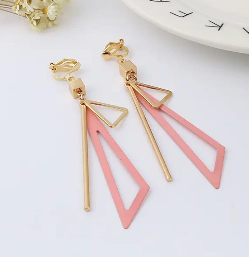 Clip on 3 1/4" gold and pink odd shaped dangle earrings