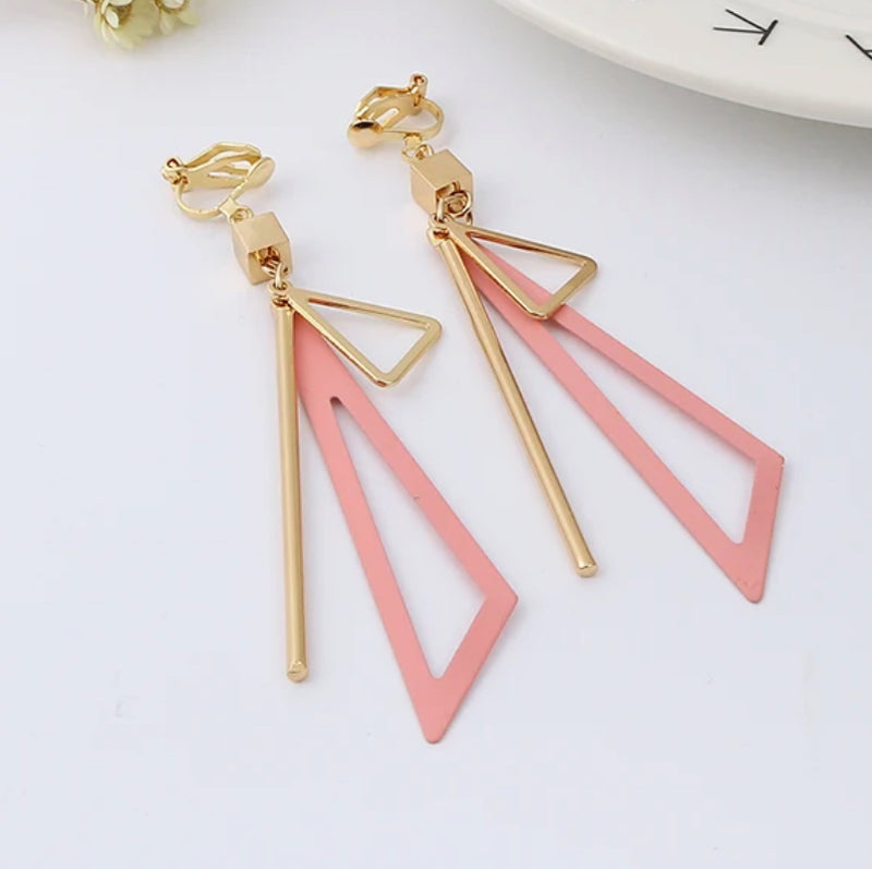 Clip on 3 1/4" gold and pink odd shaped dangle earrings