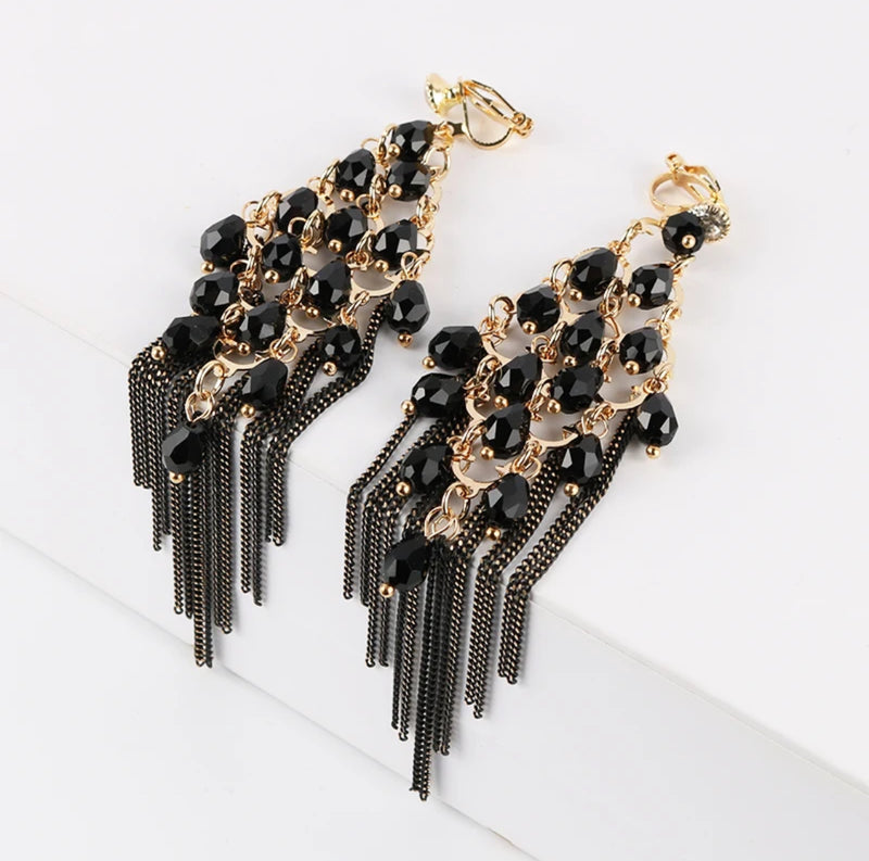 Clip on 5" long gold and black bead layered dangle earrings with chains