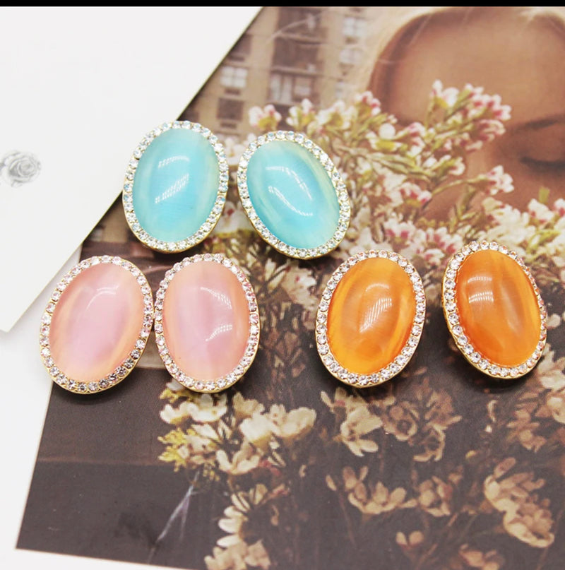 Clip on 1" gold oval dark turquoise, pink or orange stone button earrings