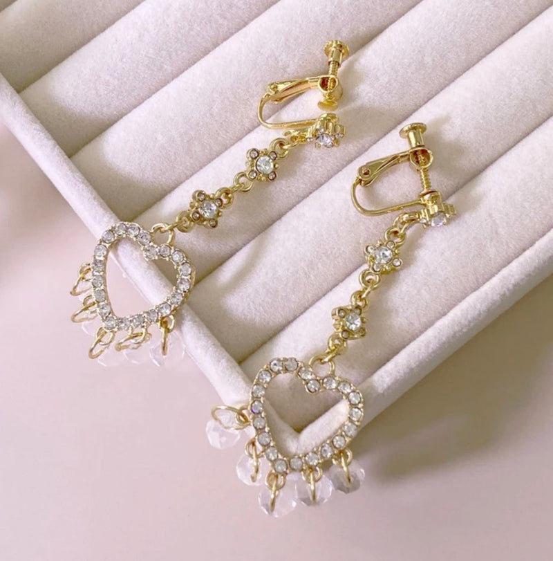 Clip on 1 1/4" silver, gold or rose double clear stone dangle teardrop earrings