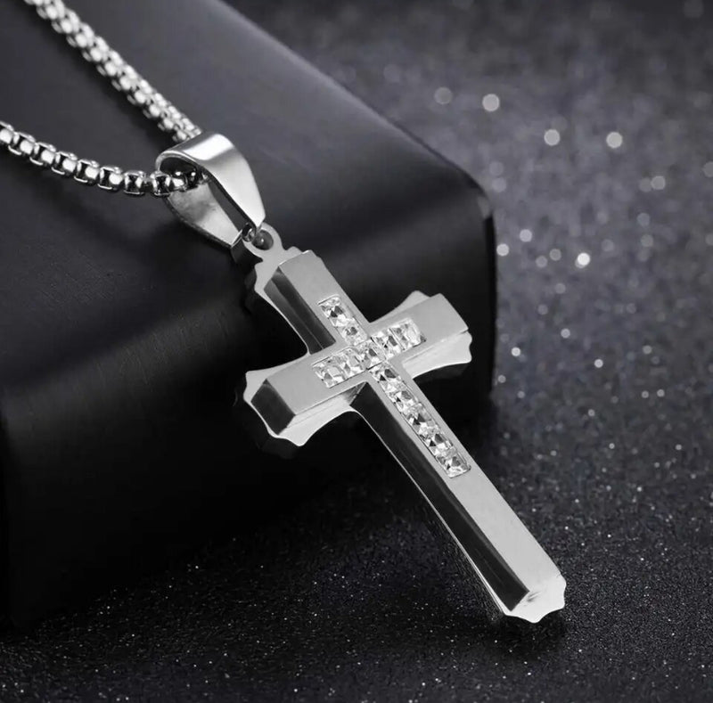 Stainless Steel silver Cross 24" necklace with clear stones