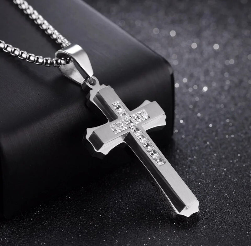 Stainless Steel silver Cross 24" necklace with clear stones