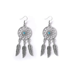 Western clip on or pierced silver circle and turquoise stone feather earrings