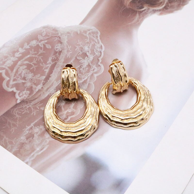 Clip on 2" large gold textured hoop earrings