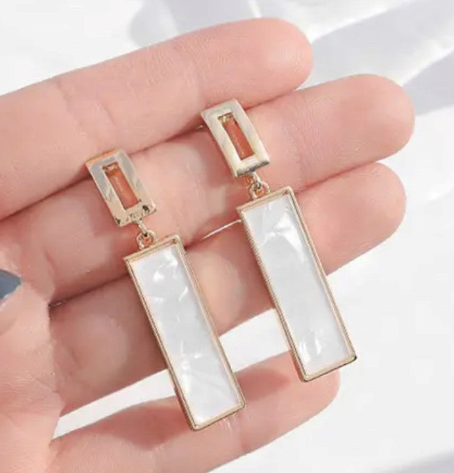 Clip on 2" gold and white stone long dangle earrings