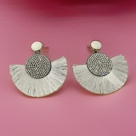 Bohemian 3 1/4" clip on clear stones and white thread fan style earrings