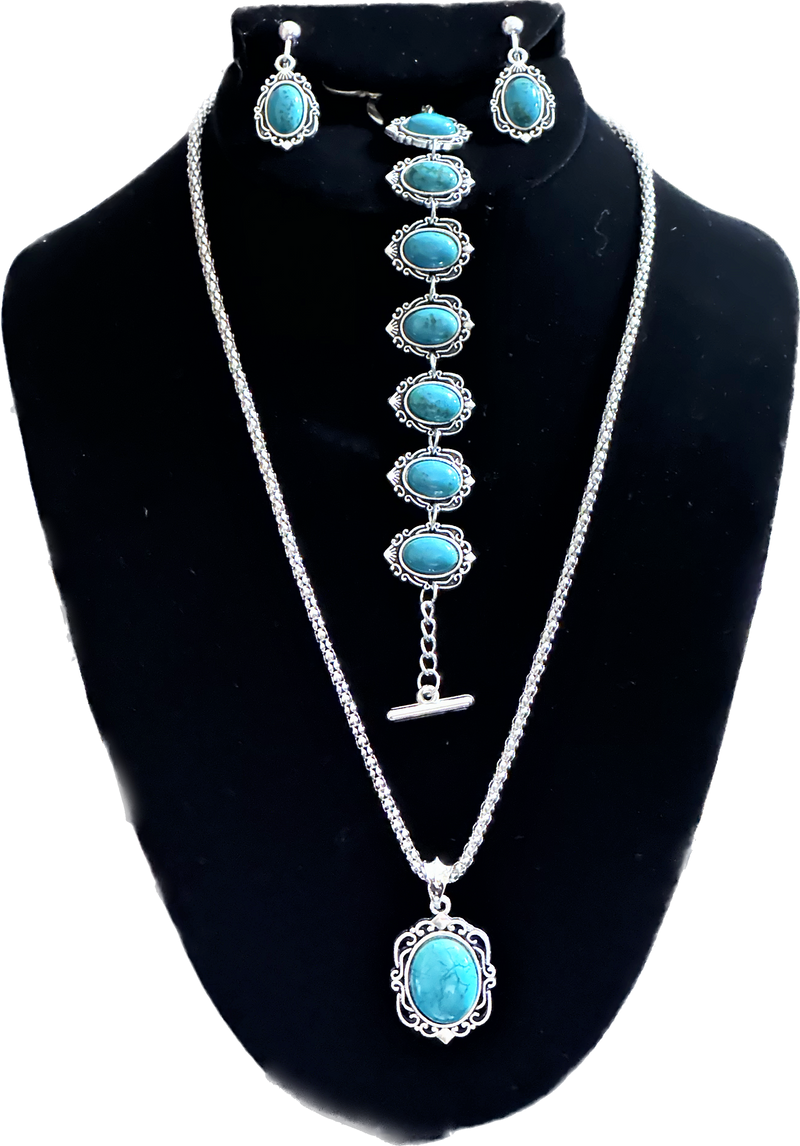 Clip on gunmetal multi strand center turquoise stone necklace and earring set