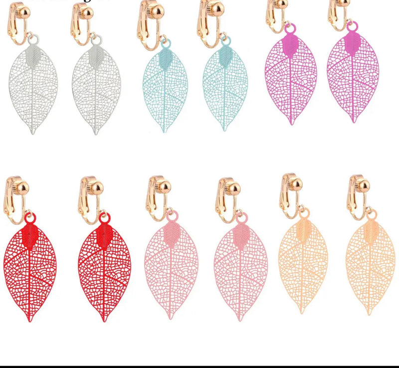 Clip on 2" gold clasp leaf earrings in a variety of colors