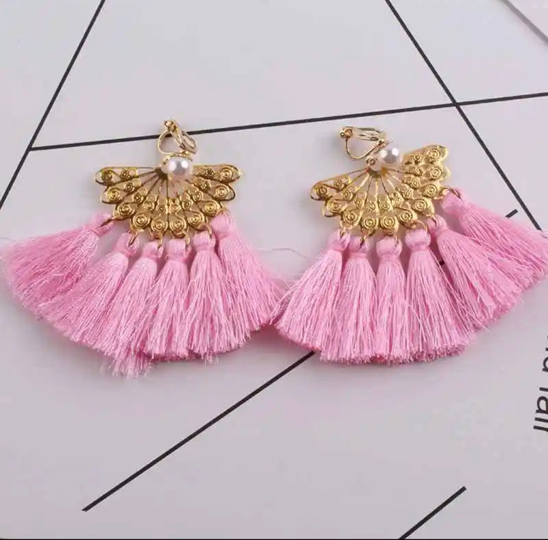 Clip on 2 3/4" gold fan tassel earrings in a variety of colors and top pearl