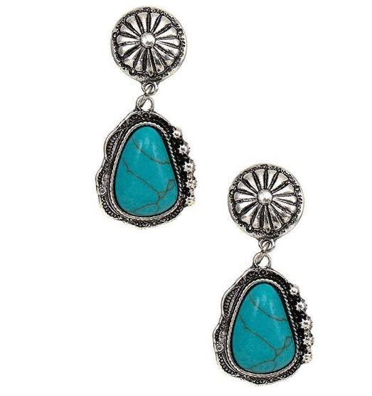 Clip on 2 3/4" western silver and graduated turquoise stone earrings