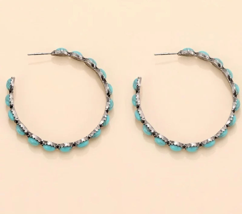 Western pierced 2" silver and turquoise stone hoop earrings