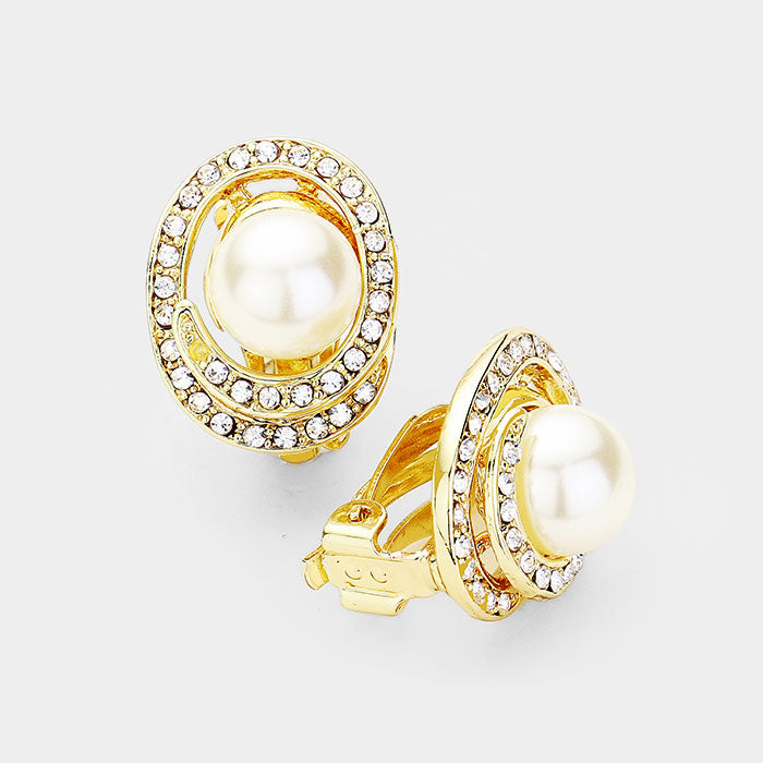 Clip on 1" gold white pearl wrapped earrings w/clear stones