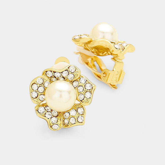 Clip on 3/4" gold clear stone pearl flower earrings
