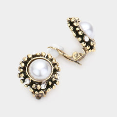 Clip on small gold round white pearl earrings