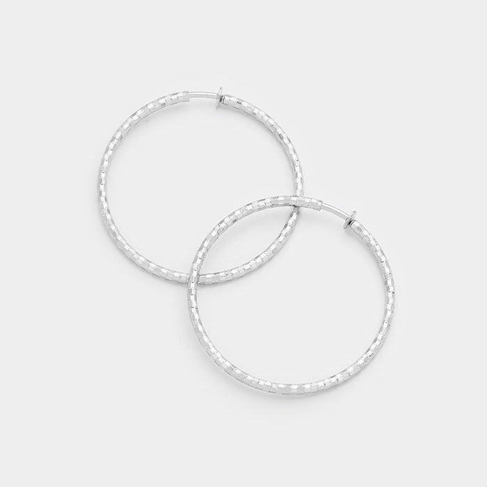 Clip on 1 3/4" silver block style spring back hoop earrings