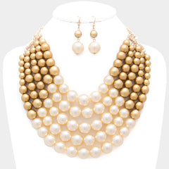 Beautiful gold and cream 5 strand pearl necklace pierced earring set