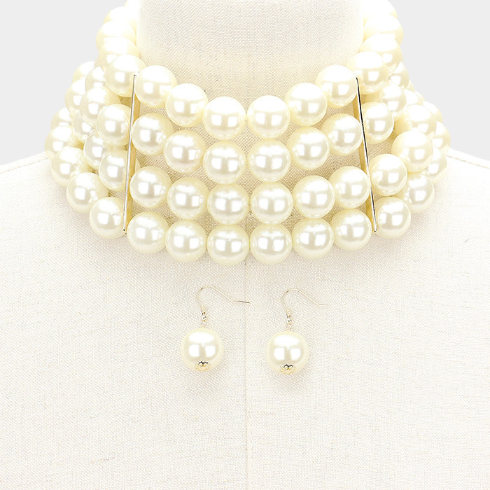 Classy pierced gold chain cream pearl choker necklace set