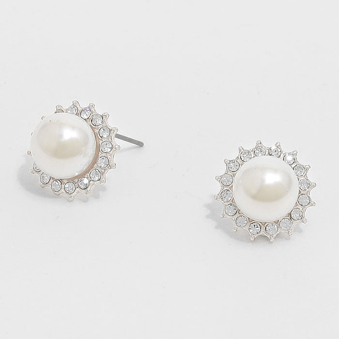 Pierced 1/2" small silver clear stone & white pearl earrings