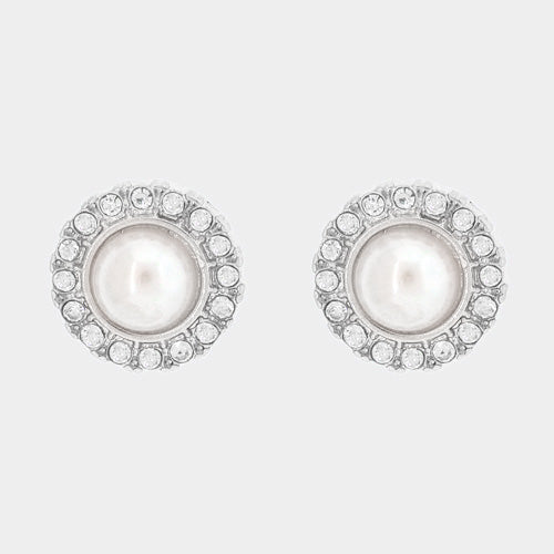 Pierced silver 1/8" Xsmall white pearl earrings w/clear stone edges
