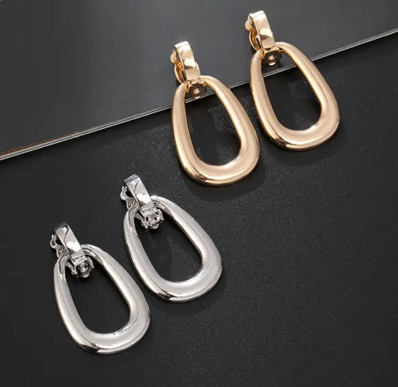 Clip on 1 3/4" shiny gold door knob style dangle earrings