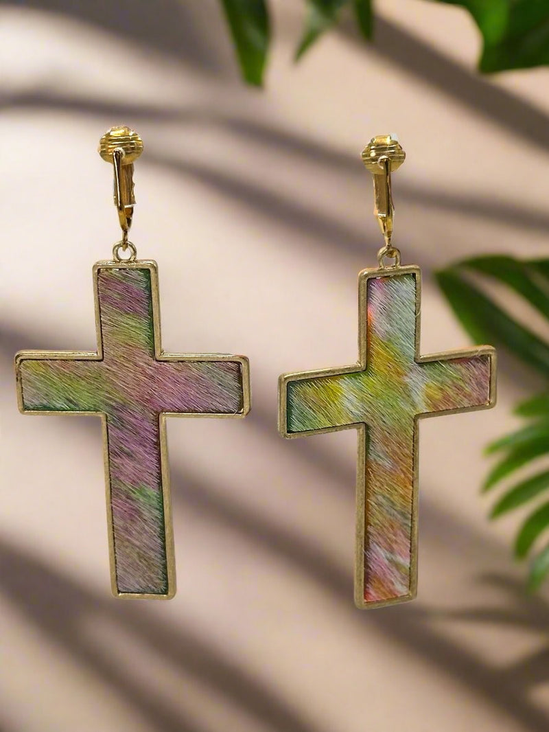 Clip on 3 1/4" large gold and green multi colored hairy cross earrings