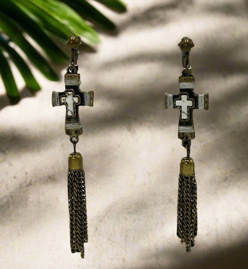 Clip on 3 1/2" brass chain and white cross string dangle earrings