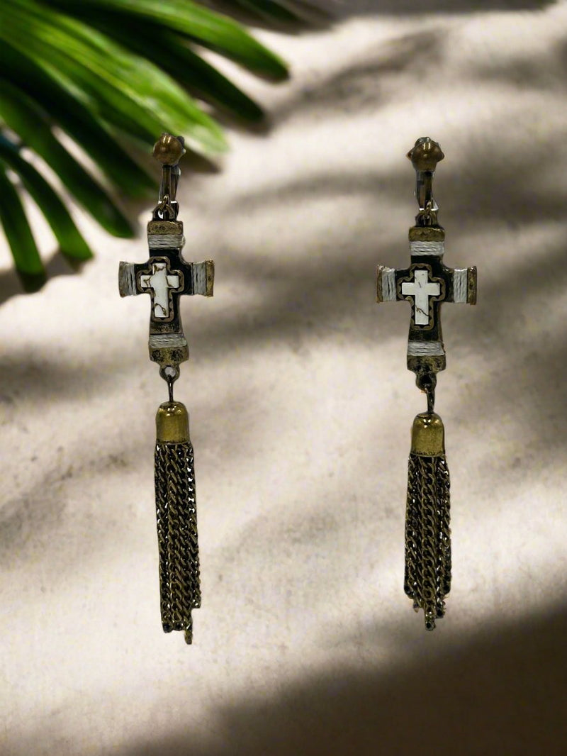 Clip on 3 1/2" brass chain and white cross string dangle earrings