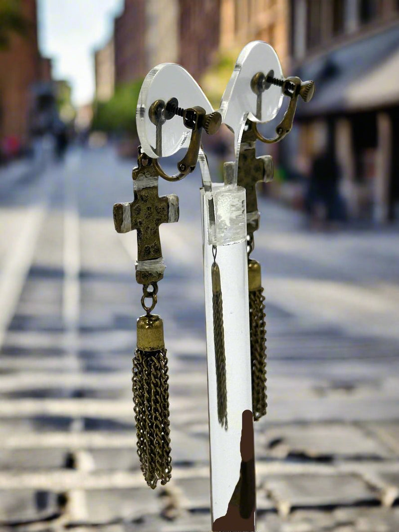 Clip on 3 1/2" brass chain and white cross string dangle earrings