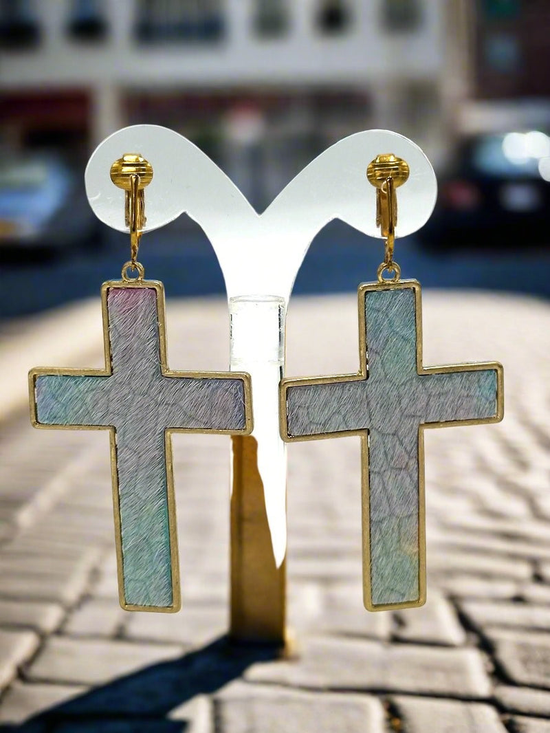 Clip on 3 1/4" large gold and blue multi colored hairy cross earrings