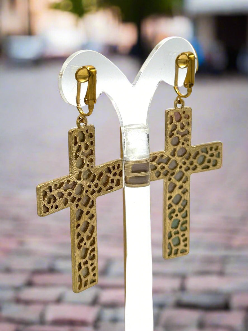 Clip on 3 1/4" large gold and blue multi colored hairy cross earrings