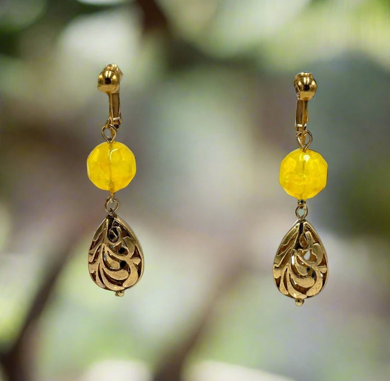 Clip on 2 1/4" gold and yellow dangle bead earrings