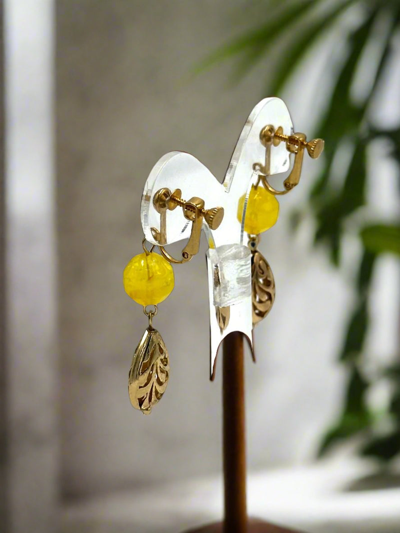 Clip on 2 1/4" gold and yellow dangle bead earrings