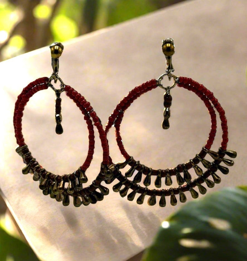 Clip on 3" brass and burgundy seed bead dangle hoop earrings